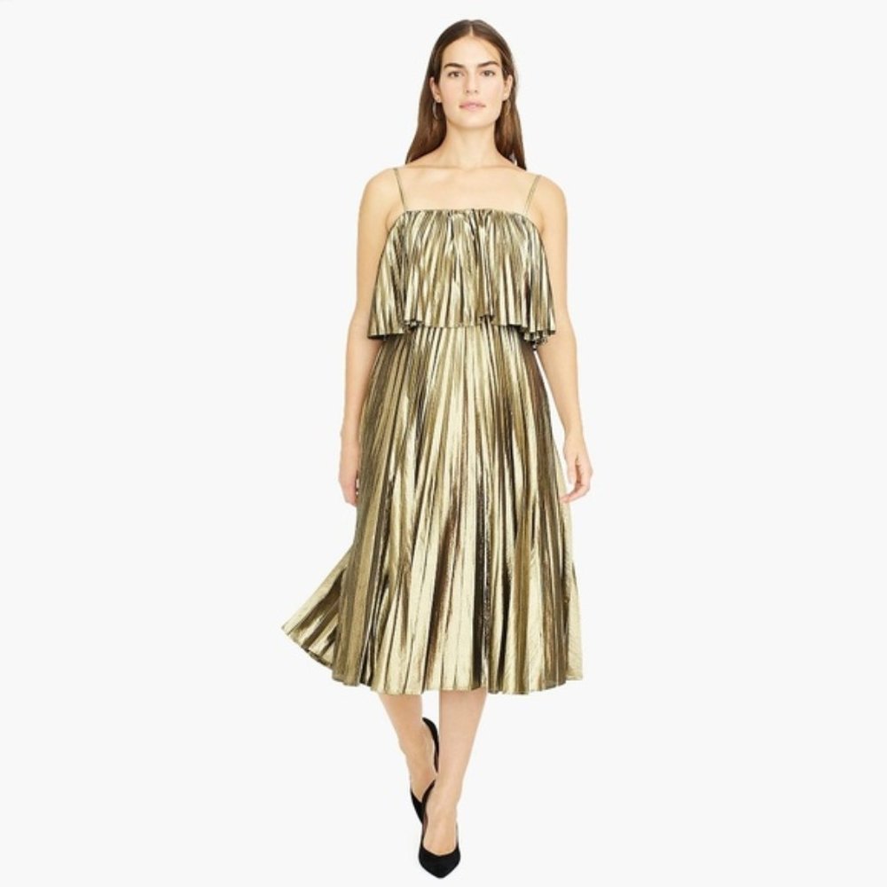 J.Crew, Metallic Gold Lame Pleated Dress